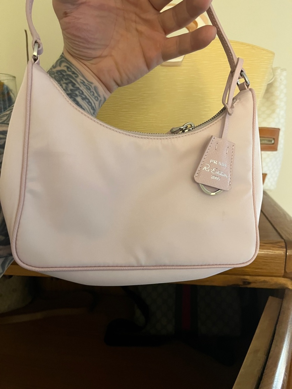 Prada Pale Pink Nylon Shoulder Bag with Logo Plaque - Picture 3 of 7